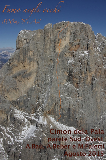 Cimon della Pala, Dolomiti, Alessandro Baù, Alessandro Beber, Matteo Faletti - Fumo negli occhi (800m, VIII, A2 , Alessandro Baù, Alessandro Beber, Matteo Faletti, 08/2015) parete SO di Cimon della Pala (Pale di San Martino, Dolomiti)