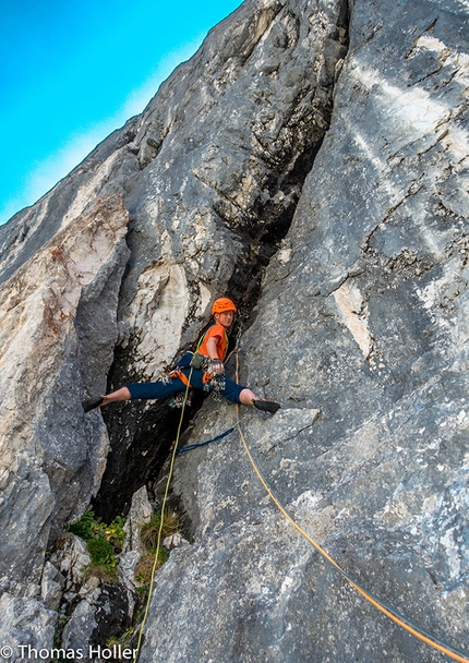 Nordwestwand, Schwarze Wand, Wetterstein - Xaver Mayr and Thomas Holler making the first free ascent of Nordwestwand (300m, VIII, 08/2016) Schwarze Wand, Wetterstein.