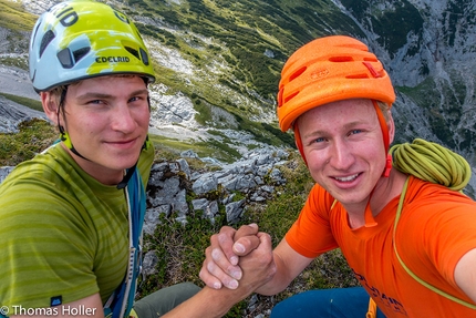 Nordwestwand, Schwarze Wand, Wetterstein - Xaver Mayr and Thomas Holler after the first free ascent of Nordwestwand (300m, VIII, 08/2016) Schwarze Wand, Wetterstein.