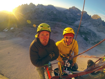 Spanish route, Cima Grande di Lavaredo, Tre Cime di Lavaredo, Dolomites - Jacek Matuszek and Łukasz Dudek climbing the Spanish route, Cima Grande di Lavaredo, Dolomites