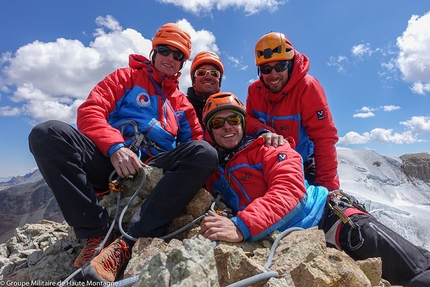 Puscanturpa Este, Peru, Arnaud Bayol, Antoine Bletton, Cyril Duchene, Dim Munoz - Arnaud Bayol, Antoine Bletton, Cyril Duchene and Dimitry Munoz on the summit of Puscanturpa Este (5442m), Peru, on 26/08/2016 after the first ascent of 'El Juego Sumando' up the mountain's North Face