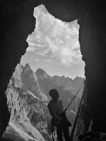 La Cruna dell'Ago, Monte Cridola, Gianmario Meneghin - Durante l'apertura di La Cruna dell'Ago, Monte Cridola