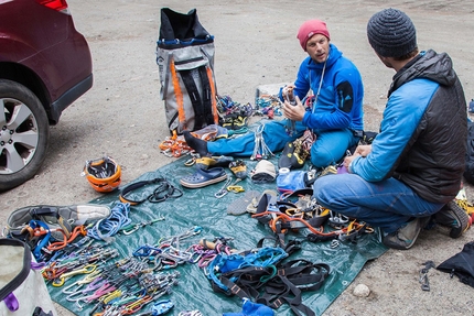 Much Mayr, Guido Unterwurzacher, The Shaft, El Capitan, Yosemite - Much Mayr and Guido Unterwurzacher preparing their gear prior to repeating The Shaft, El Capitan, Yosemite