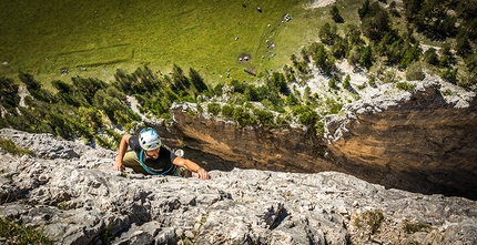 PukaNaka, Sas dai Tamersc, Fanes, Dolomites - Making the first ascent of PukaNaka (7b+, 325m) up the SW Face of Sas dai Tamersc in the Dolomites (Manuel Baumgartner, Martin Baumgartner, Toni Oboles)