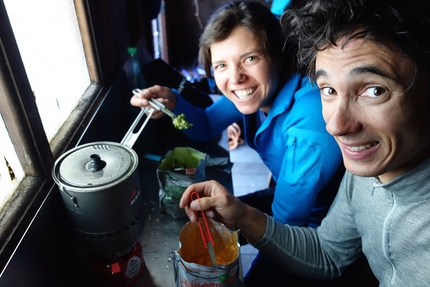 Divine Providence, Mont Blanc, Nina Caprez, Merlin Benoit - Merlin Benoit and Nina Caprez enjoying dinner at the Fourche bivouac