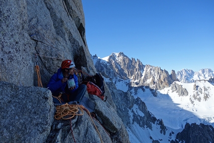 Divine Providence, Mont Blanc, Nina Caprez, Merlin Benoit - Merlin Benoit at the bivouac of Divine Providence, Mont Blanc