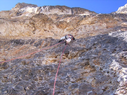 Masada, Sass Maor, Dolomites - Ricardo Scarian on the 6c pitch