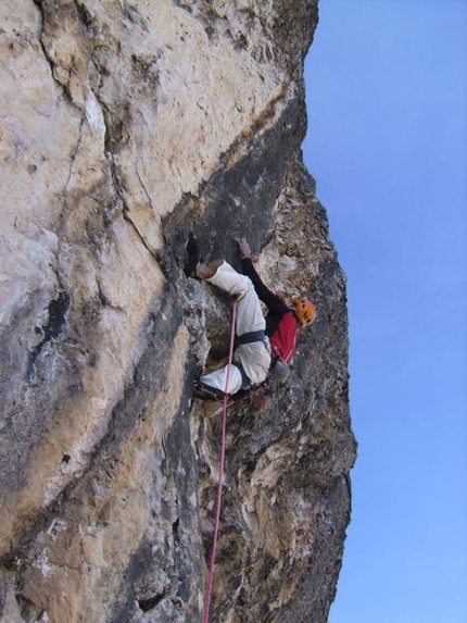 Masada, Sass Maor, Dolomites - Riccardo Scarian on the 18th pitch (8b) of Masada