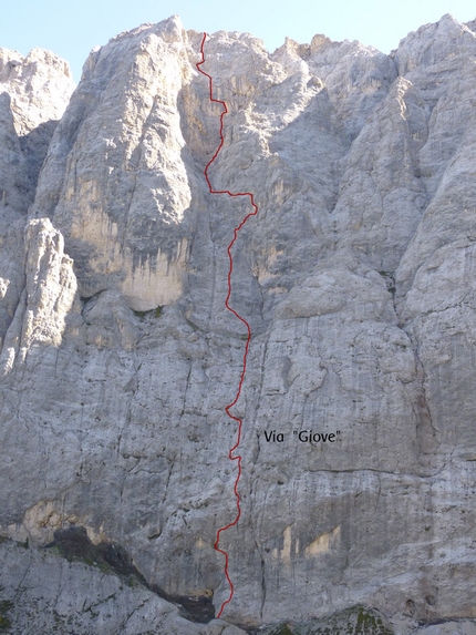 Via Giove, Sasso delle Undici, Vallaccia, Dolomiti, Beppe Ballico - Il tracciato della Via Giove, Sasso delle Undici, Vallaccia (Dolomiti), aperta da Heinz Grill, Florian Kluckner, Klaus Oppermann, Franz Heiss e Barbara Holzer, luglio/agosto 2015