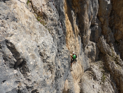 Via Giove, Sasso delle Undici, Vallaccia, Dolomiti, Beppe Ballico - Durante la ripetizione della Via Giove, Sasso delle Undici, Vallaccia (Dolomiti): Saverio sul decimo tiro