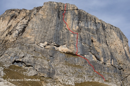 Jeo, Col de Stagn, Sella, Dolomiti, Andrea Oberbacher, Francesco Tremolada - Il tracciato di Jeo (7a max, 6b+ obb. 185m, Andrea Oberbacher, Francesco Tremolada), Col de Stagn, Gruppo del Sella, Dolomiti