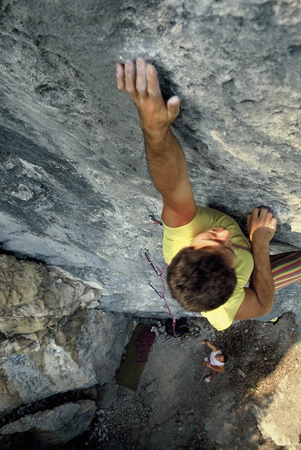 Rolando Larcher, Elephant Baby, San Paolo, Arco - Rolando Larcher climbing Elephant Baby 8a, freed in 1986 at San Paolo, Arco