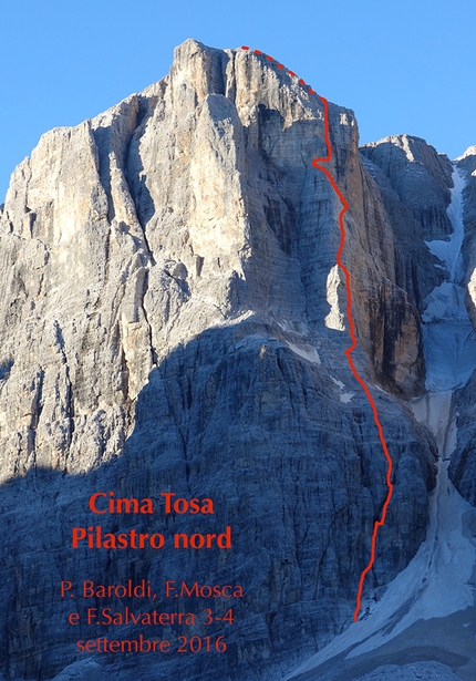 Cima Tosa, Dolomiti di Brenta, Paolo Baroldi, Filippo Mosca, Francesco Salvaterra - Pilastro Nord, Cima Tosa, Dolomiti di Brenta (VI-, 700m, Paolo Baroldi, Filippo Mosca, Francesco Salvaterra 09/2016)