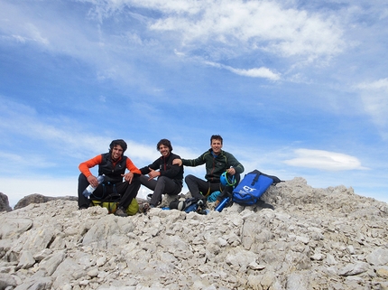 Cima Tosa, Brenta Dolomites, Paolo Baroldi, Filippo Mosca, Francesco Salvaterra - Paolo Baroldi, Filippo Mosca and Francesco Salvaterra on the summit after having made the first ascent of Pilastro Nord, Cima Tosa, Brenta Dolomites