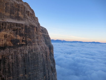 Cima Tosa, Brenta Dolomites, Paolo Baroldi, Filippo Mosca, Francesco Salvaterra - During the first ascent of Pilastro Nord, Cima Tosa, Brenta Dolomites (VI, 700m, Paolo Baroldi, Filippo Mosca, Francesco Salvaterra 09/2016)