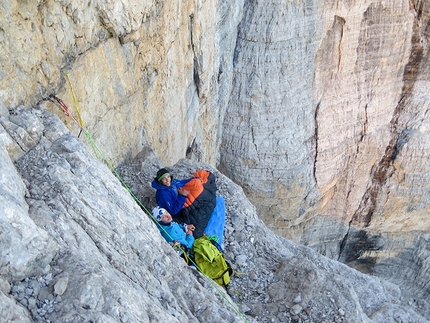 Cima Tosa, Brenta Dolomites, Paolo Baroldi, Filippo Mosca, Francesco Salvaterra - During the first ascent of Pilastro Nord, Cima Tosa, Brenta Dolomites (VI, 700m, Paolo Baroldi, Filippo Mosca, Francesco Salvaterra 09/2016)