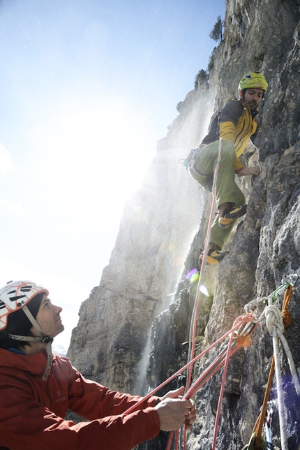 Black Pearl, Val Lunga, Dolomites, Florian Riegler, Martin Riegler - Florian Riegler and Martin Riegler making the first free ascent of their Black Pearl (8a+, 170m), Val Lunga, Dolomites