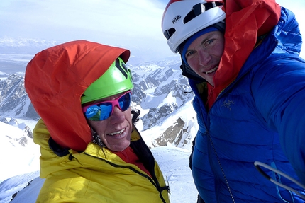 Kyzyl Asker, Luka Lindič, Ines Papert - Ines Papert and Luka Lindič on the summit Kyzyl Asker (5842m), Kyrgyzstan on 01/10/2016 after having made the first ascent of 'Lost in China' up the mountain's SE Face