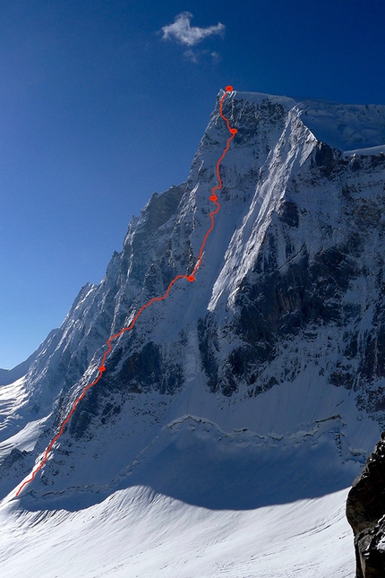 Sersank, Himalaya, Mick Fowler, Victor Saunders, alpinism - The line of ascent up the North Buttress of Sersank (Shib Shankar), 6100m, Indiana Himalayas, first climbed by  Mick Fowler and Victor Saunders