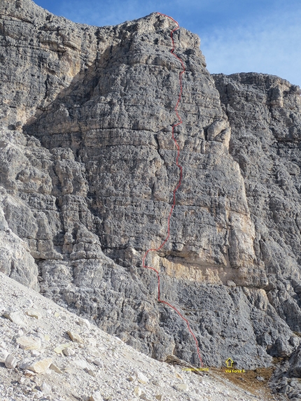 L'uomo volante on Quarto Torrione di Mondeval, Dolomites