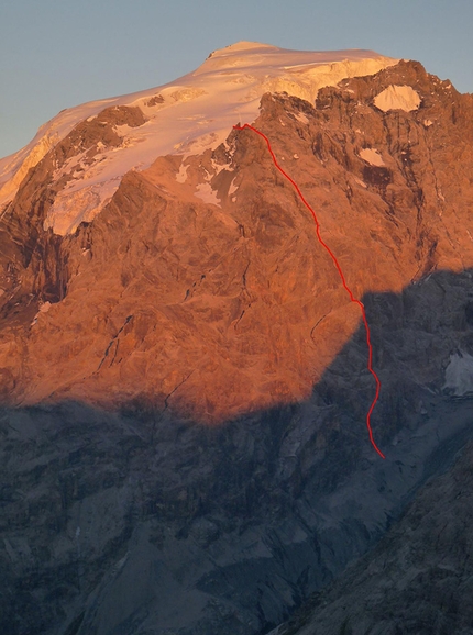 Christoph Hainz, Ortler, Golden Pillar of Ortler - SW Face of Ortler and the route line of 'Golden Pillar of Ortler' first ascended on 29/08/2016 by Christoph Hainz