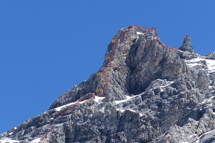 Christoph Hainz, Ortler, Golden Pillar of Ortler - SW Face of Ortler and the route line of 'Golden Pillar of Ortler' first ascended on 29/08/2016 by Christoph Hainz