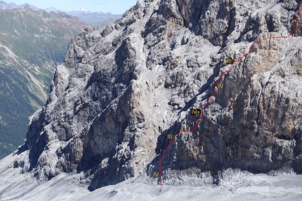 Christoph Hainz, Ortler, Golden Pillar of Ortler - SW Face of Ortler and the route line of 'Golden Pillar of Ortler' first ascended on 29/08/2016 by Christoph Hainz