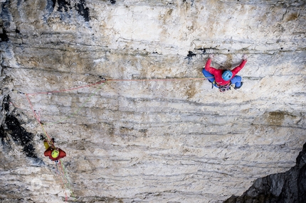 Cima Grande di Lavaredo, Drei Zinnen, Simon Gietl, Vittorio Messini, Das Erbe der Väter, Dolomites - Simon Gietl, belayed by Davide Prandini, climbing 'Das Erbe der Väter' up the North Face of Cima Grande di Lavaredo, Dolomites. Gietl established this route together with Vittorio Messini