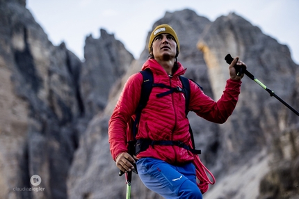 Cima Grande di Lavaredo, Drei Zinnen, Simon Gietl, Vittorio Messini, Das Erbe der Väter, Dolomites - Simon Gietl climbing 'Das Erbe der Väter' up the North Face of Cima Grande di Lavaredo, Dolomites. Gietl established this route together with Vittorio Messini