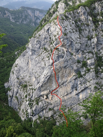 Gola del Limarò, Francesco Salvaterra - In rosso la linea di Via degli aspiranti, Gola del Limarò