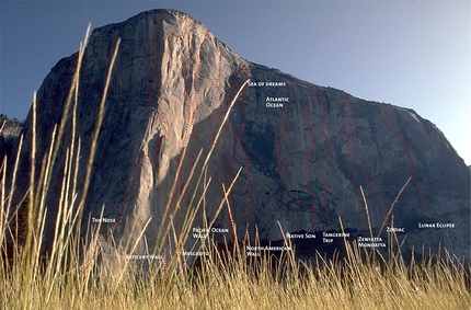 El Capitan, Yosemite, USA - El Capitan with the routes The Nose, Reticent Wall, Mescalito, Pacific Ocean Wall, North American Wall, Sea of Dreams, Atlantic Ocean Wall, Native Son, Tangerine Trip, Zenyatta Mondatta, Zodiac, Lunar Eclipse