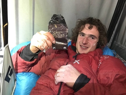 Adam Ondra, Dawn Wall, El Capitan, Yosemite - Adam Ondra eating the chocolate Heinz Zak gave to him on the second day of his push up Dawn Wall, El Capitan, Yosemite on 14/11/2016