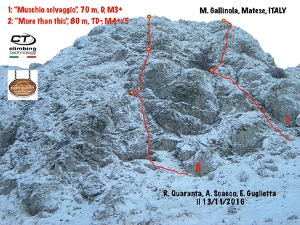 Monte Gallinola, Appennino, Riccardo Quaranta, Emanuele Guglietta, Alessio Scacco - Monte Gallinola: durante l'apertura di 'Muschio Selvaggio' e 'More than this'