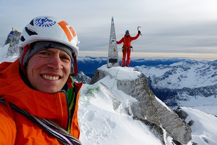 Pizzo Badile, Amore di Vetro, Marcel Schenk, Simon Gietl - Marcel Schenk and Simon Gietl on the summit after the first ascent of 'Amore di Vetro', Pizzo Badile on 16/11/2016 