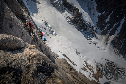 Mirror Wall, Greenland, Leo Houlding - During the first ascent of Reflections, (E6 6b, A3+, 1250m Leo Houlding, Joe Möhle, Matt Pickles, Matt Pycroft, Waldo Etherington, 2016) up the NF Face of Mirror Wall, Greenland