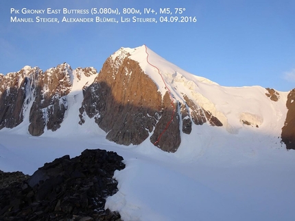 Kirghizistan, Peak Gronky, Alex Blümel, Max Reiss, Manuel Steiger, Lisi Steurer, Roman Weilguny, Michael Zwölfer - Pik Gronky, pilastro est (5080m), 800m, IV+, M5, 75° Manuel Steiger, Alexander Blümel, Lisi Steurer, 04/09/2016