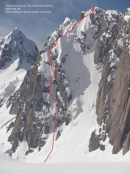Kyrgyzstan, Peak Gronky, Alex Blümel, Max Reiss, Manuel Steiger, Lisi Steurer, Roman Weilguny, Michael Zwölfer - Pik Zuckerman (5045m) North Face, 'Pizzeria Komorova', 600m, M4, 90° Roman Weilguny, Michael Zwölfer, 05/09/2016