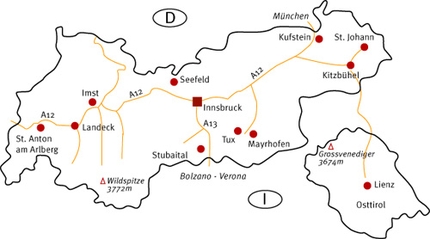 Wildspitze, scialpinismo, Pitztal, Tirolo, Austria, Alberto De Giuli - La mappa dell'Austria con la Wildspitze, la seconda montagna più alta del paese