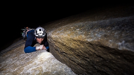 Pete Whittaker, El Capitan, Freerider - Pete Whittaker climbing the Monster Offwidth at night during his one day rope-solo ascent of Freerider on El Capitan, Yosemite