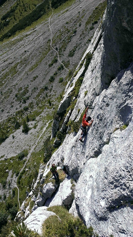 Malga Spora, Croz del Giovan, Brenta Dolomites - Danilo Bonvecchio and Lorenzo Gadda making the first ascent of Bonobo, Sasso San Giovanni East Face, Brenta Dolomites