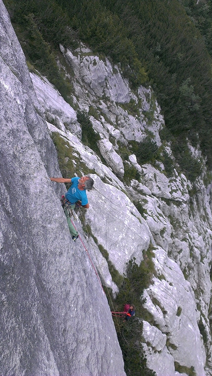 Malga Spora, Croz del Giovan, Brenta Dolomites - Gianguido Dalfovo and Lorenzo Gadda climbing The Shark, Sasso San Giovanni, Brenta Dolomites