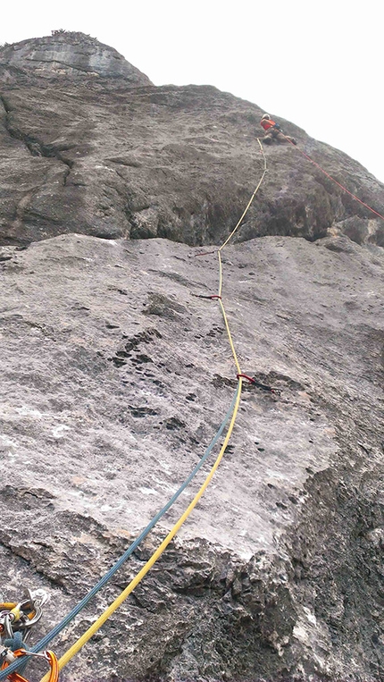 Malga Spora, Croz del Giovan, Brenta Dolomites - Alessio Miori making the first ascent of The Shark, Sasso San Giovanni, Brenta Dolomites