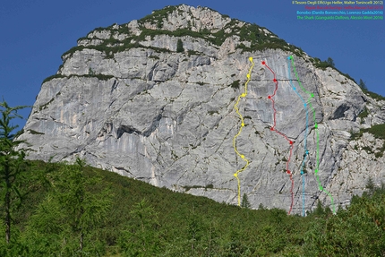 Malga Spora, Croz del Giovan, Dolomiti di Brenta - Sasso S. Giovanni, Dolomiti di Brenta. La falesia Malga Spora - Croz del Giovan si trova sulla fascia in basso a destra