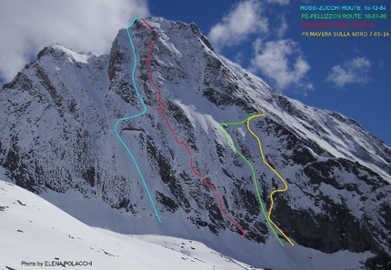 Hubschhorn, Primavera sulla Nord, Giovanni Pagnoncelli, Marcello Sanguineti - Hubschhorn: i tracciati delle vie sulla parete NE