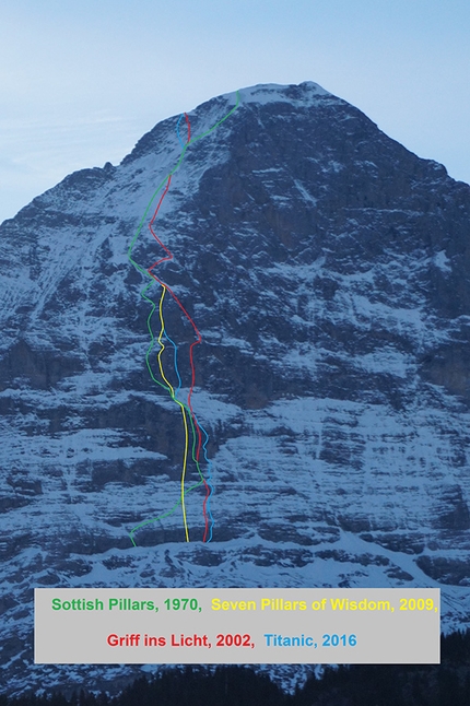 Eiger, Titanic, Tom Ballard, Marcin Tomaszewski - The North Face of the Eiger and the routes Scottish Pillars (aka Solitaire, 1970), Seven Pillars of Wisdom (2009), Griff ins Licht (2002), Titanic (2016)