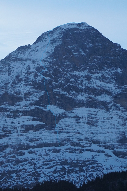 Eiger, Titanic, Tom Ballard, Marcin Tomaszewski - The route line of 'Titanic', North Face of the Eiger (A3/M5/6b, 2000m, Tom Ballard, Marcin Tomaszewski)