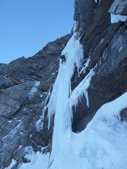 Hochbirghöhe, Vittorio Messini, Isidor Poppeller, Matthias Wurzer - During the first ascent of 'Mehr denn je Hintersee' (800m, M7+ WI6+, Vittorio Messini, Isidor Poppeller, Matthias Wurzer, 08/12/2016) Hochbirghöhe, High Tauern, Austria 