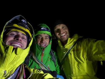 Hochbirghöhe, Vittorio Messini, Isidor Poppeller, Matthias Wurzer - Vittorio Messini, Isidor Poppeller and Matthias Wurzer on the summit of Hochbirghöhe after having made the first ascent of  'Mehr denn je Hintersee' (800m, M7+ WI6+, 08/12/2016), High Tauern, Austria 