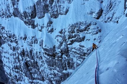 Cima Verde del Montasio, Julian Alps, Enrico Mosetti, Alberto Giassi, Davide Limongi  - During the first ascent of 'Amici per sempre' (IV/4+, 350m, Enrico Mosetti, Alberto Giassi, Davide Limongi 18/12/2016), North Face of Cima Verde del Monte Montasio