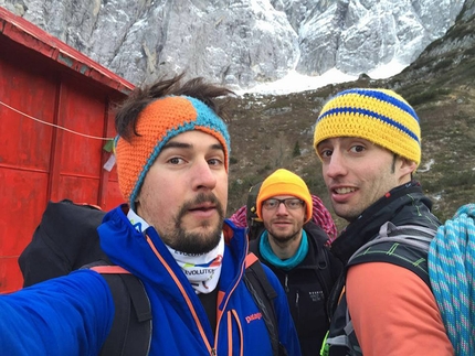 Cima Verde del Montasio, Julian Alps, Enrico Mosetti, Alberto Giassi, Davide Limongi  - Enrico Mosetti, Alberto Giassi e Davide Limongi at Bivacco Stuparich before the first ascent of 'Amici per sempre' (IV/4+, 350m, Enrico Mosetti, Alberto Giassi, Davide Limongi 18/12/2016), North Face of Cima Verde del Monte Montasio